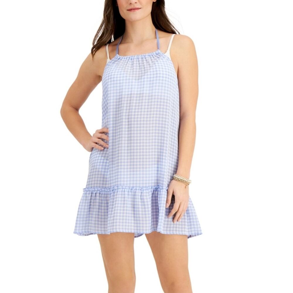 MIKEN High-Neck Tiered Swim Cover-Up Dress White Hydrangea Gingham